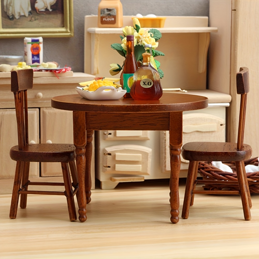 Bistro Table Set - Wooden Round Tables and Chairs 1:12