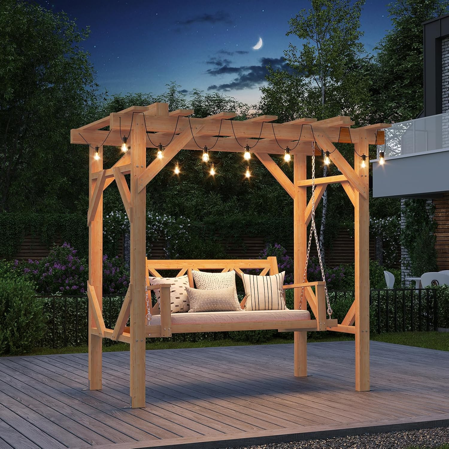 Outdoor Furniture Upholstery - Cedar Wood Pergola Swing Bench 3-Seat