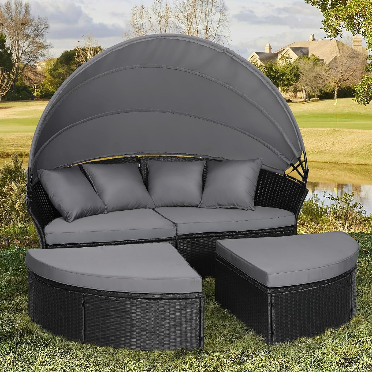 Outdoor Furniture For Pool - Round Canopy Daybed Sofa Set 4