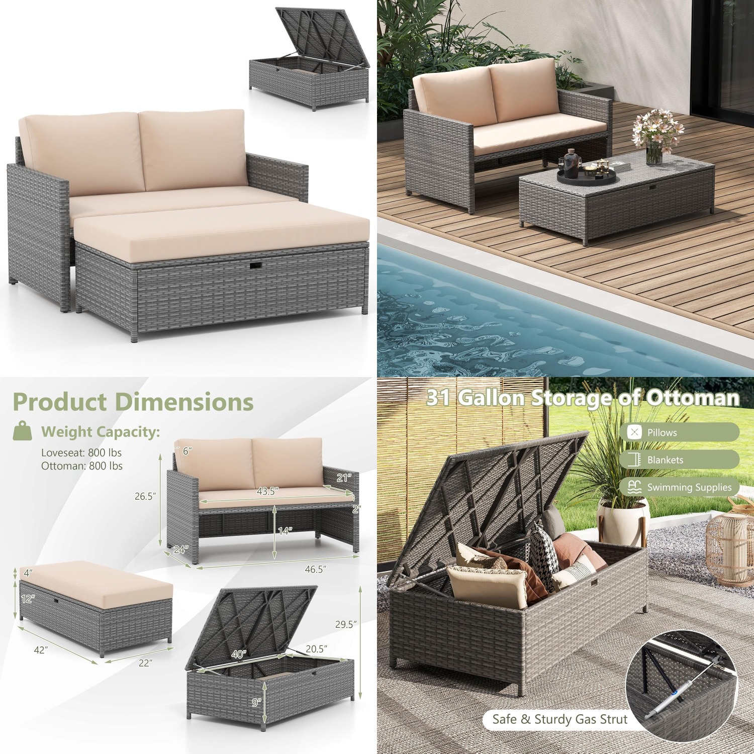 Outdoor Furniture For Pool - Wicker Patio Daybed Loveseat Ottoman Cushions