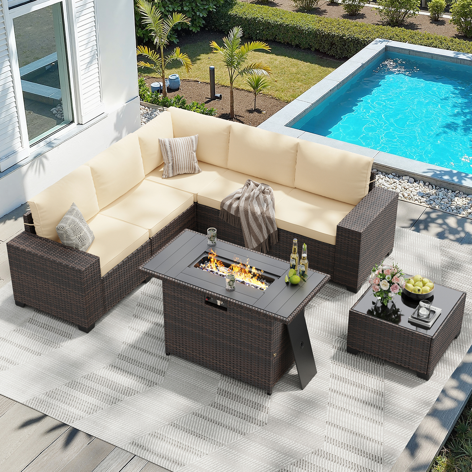 Outdoor Furniture And Fire Pit - 7 Piece Patio Furniture Set with