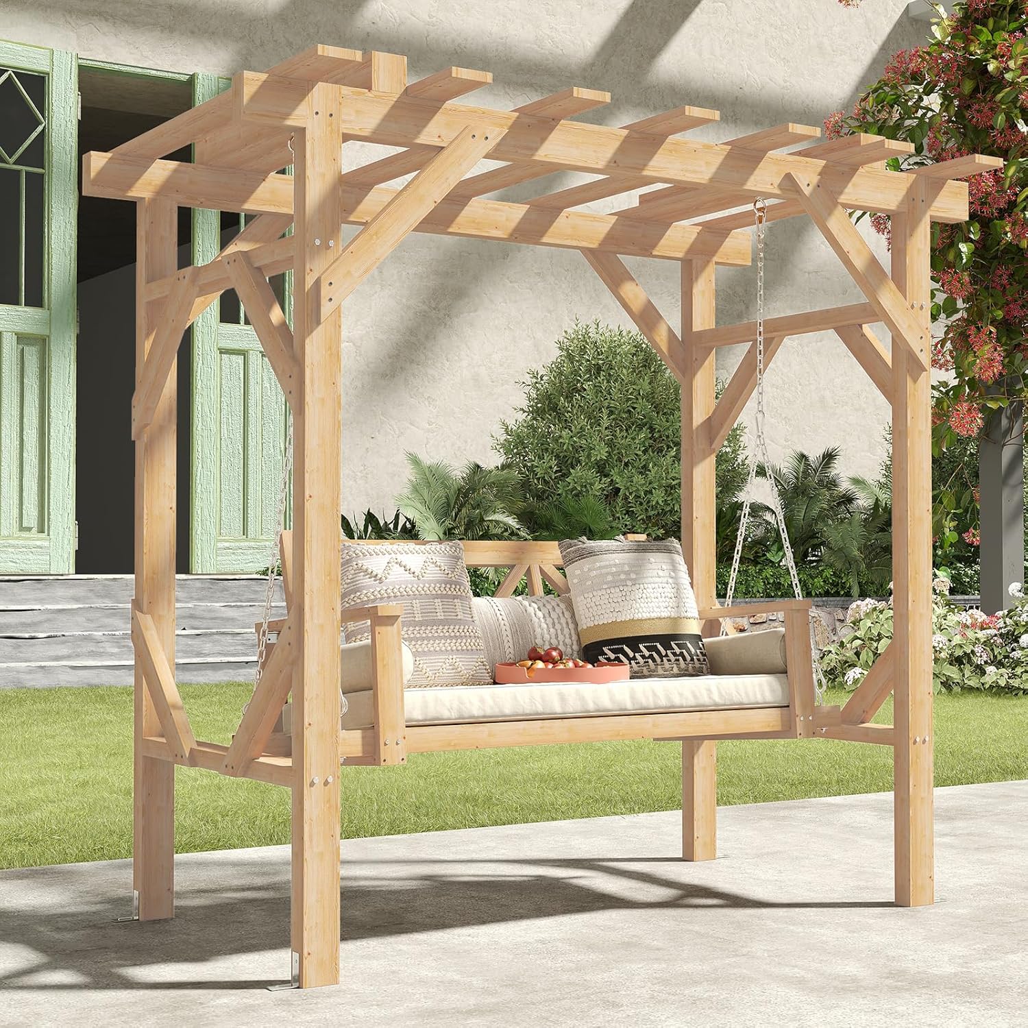 Cedar Wood Pergola Swing Bench - Outdoor Furniture Upholstery 评论和价格