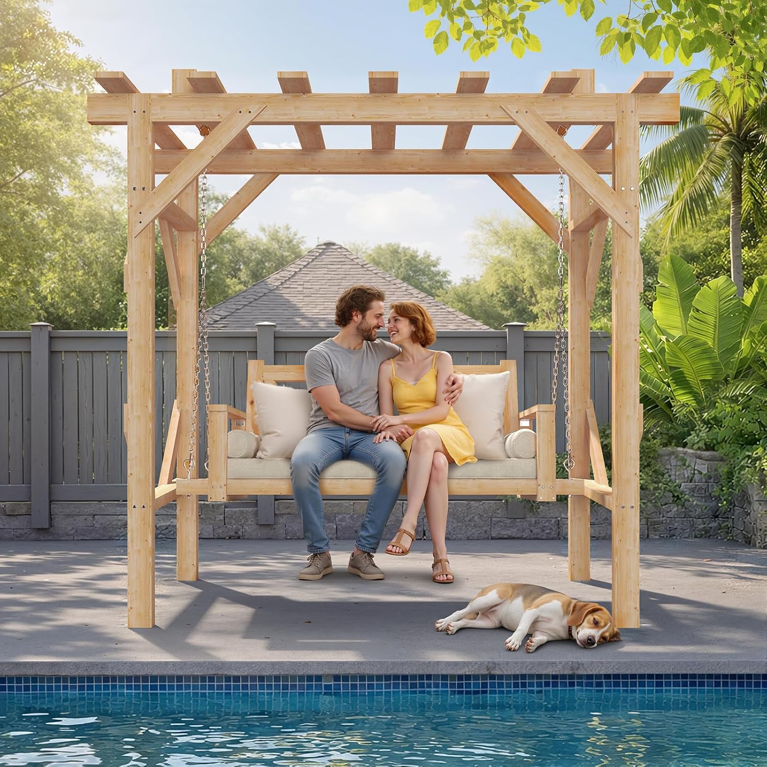 Cedar Wood Pergola Swing Bench - Outdoor Furniture Upholstery 评论和价格