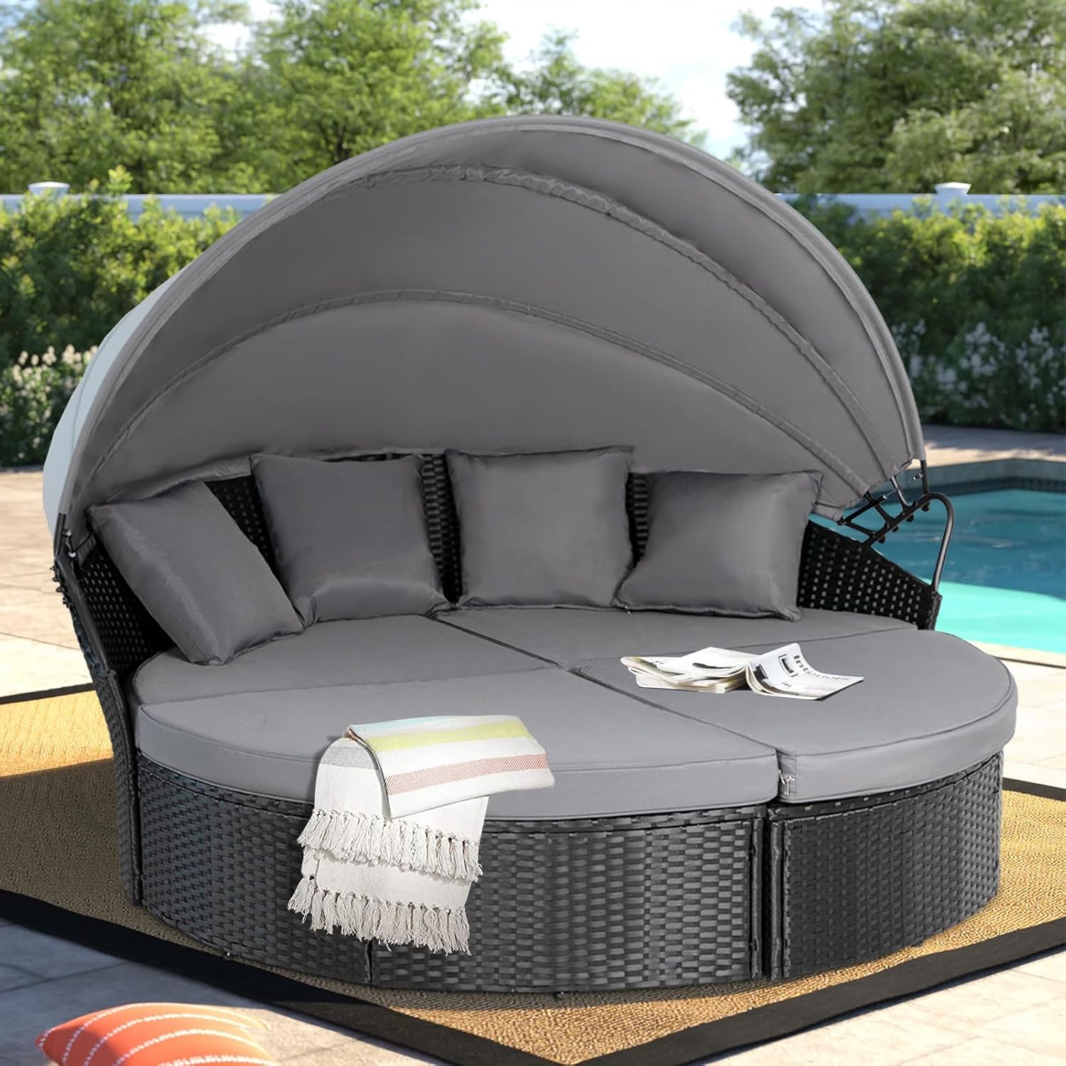 Round Canopy Daybed Sofa Set 4 - Outdoor Furniture For Pool 评论和价格