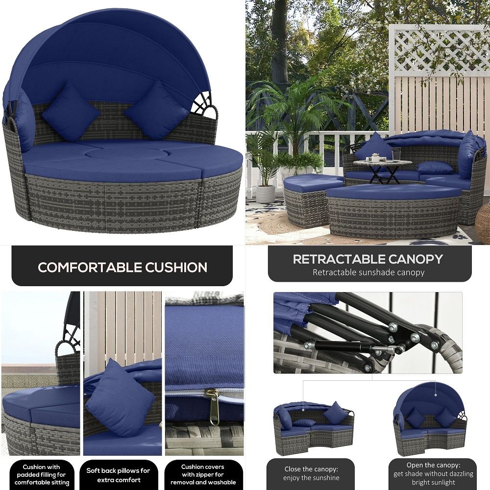 4 Piece Round Rattan Daybed, C - Outdoor Furniture Patio 评论和价格