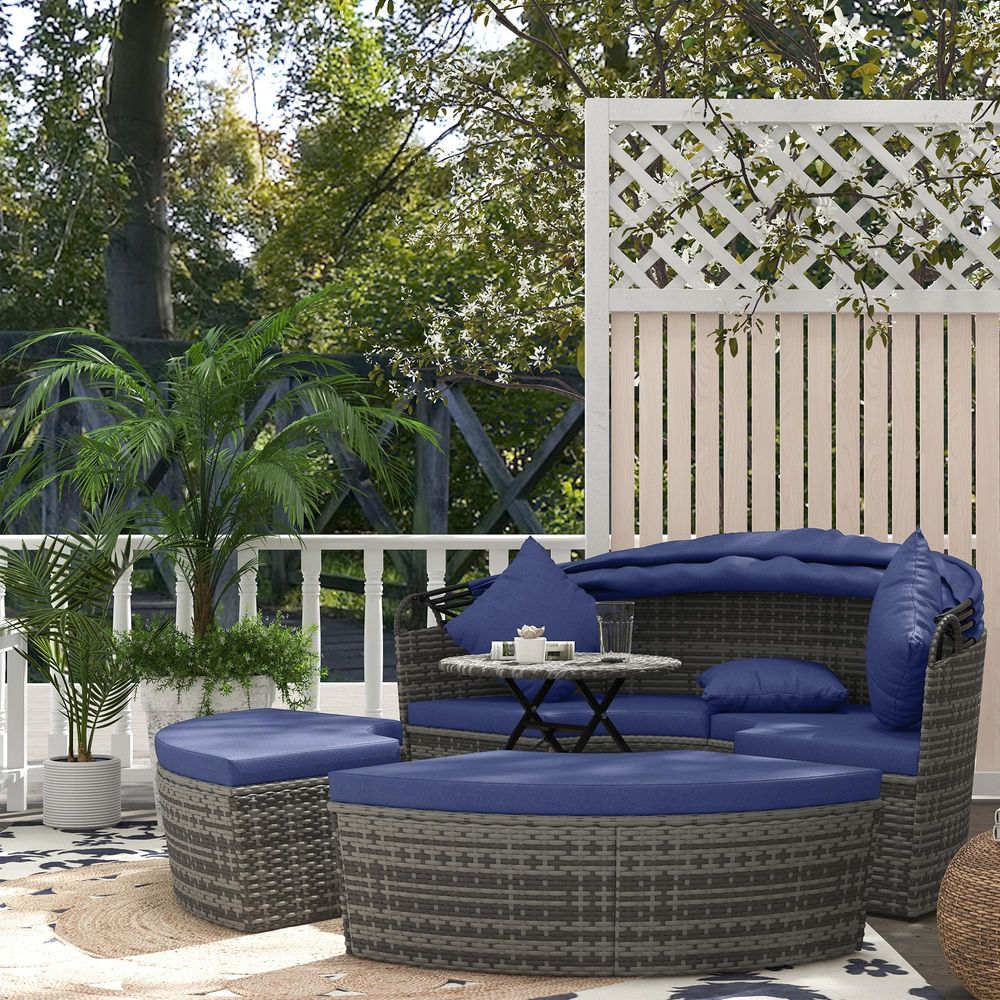 4 Piece Round Rattan Daybed, C - Outdoor Furniture Patio 评论和价格